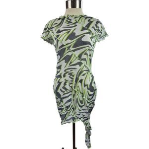 ASYOU Exposed Seam Asymmetric Glitter Mesh Dress in Abstract Print
